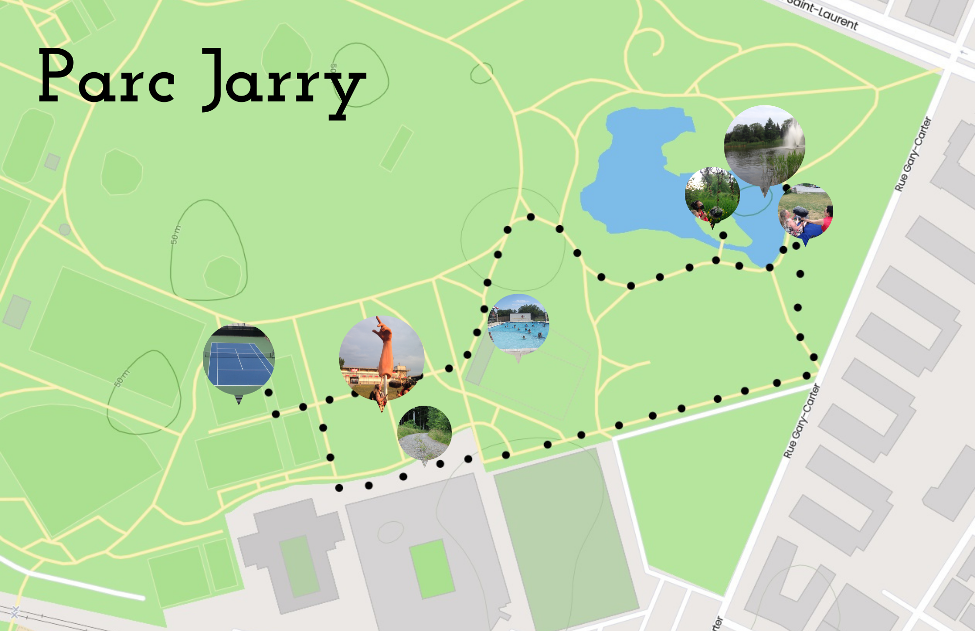 Carte des lieux d'enregistrement de Josée Boyer dans le parc Jarry. La carte comporte 6 points.