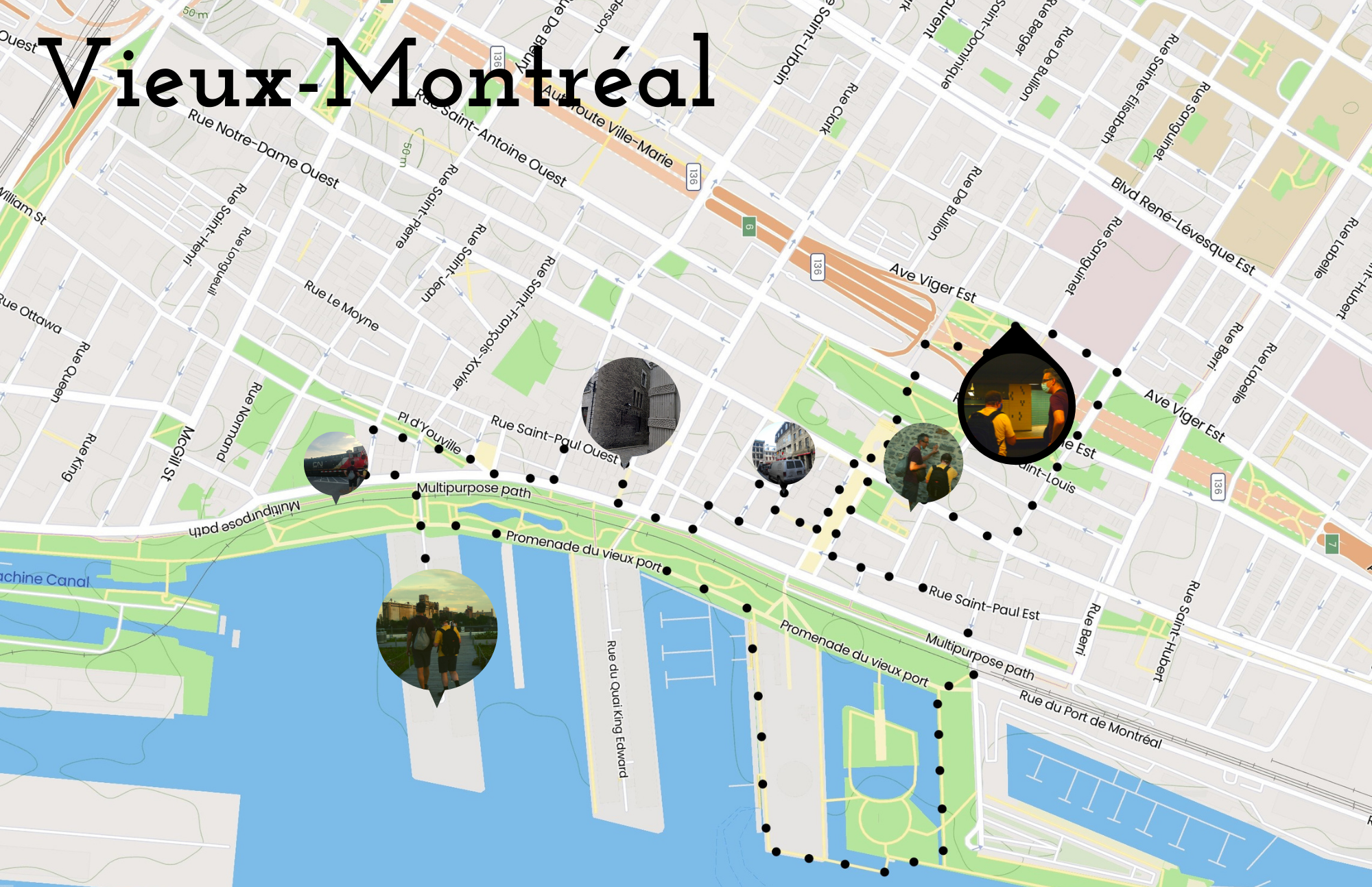Carte des lieux d'enregistrement de Jérôme Plante dans le Vieux-Montréal. La carte comporte 6 points.