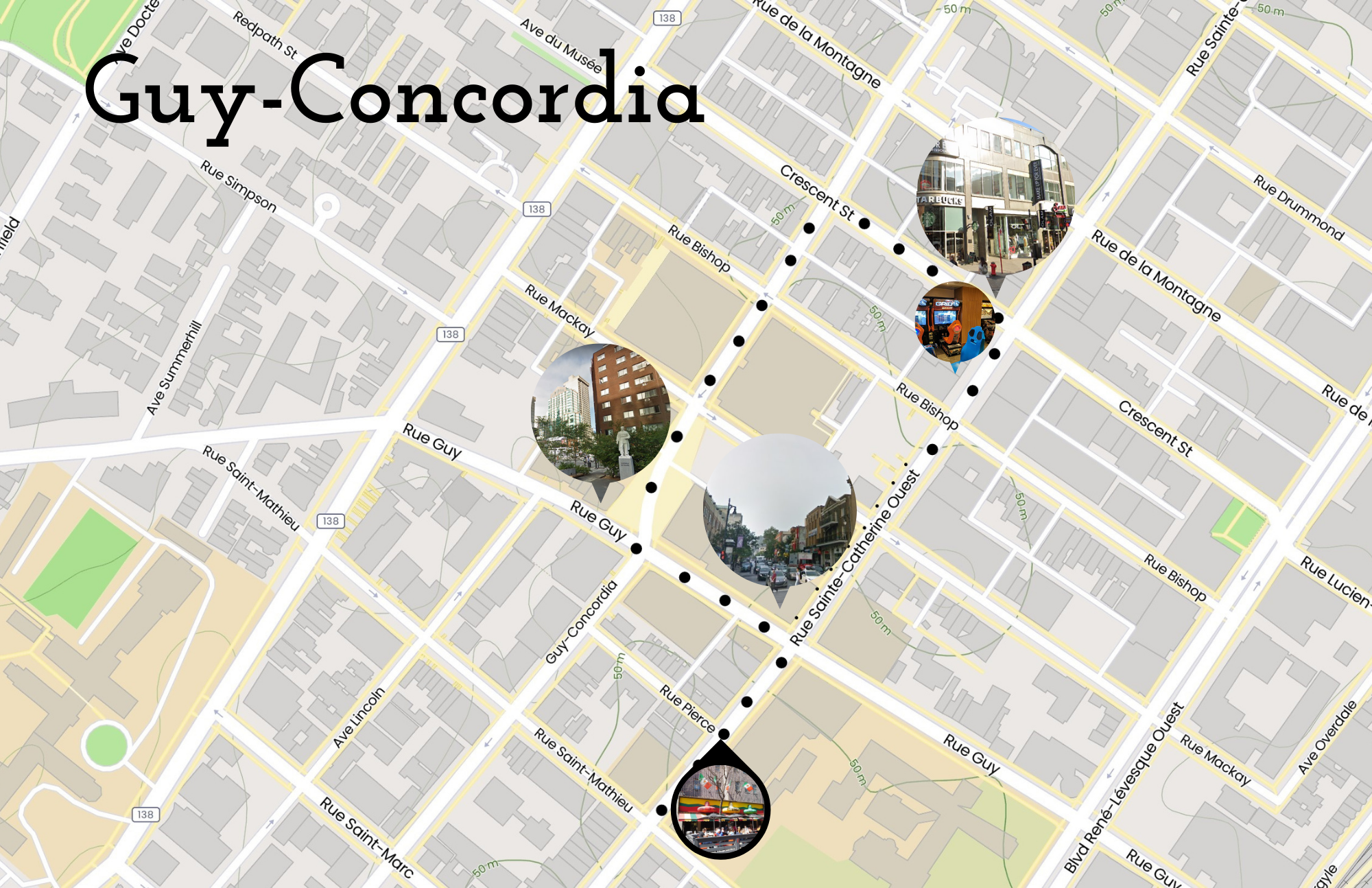 Carte des lieux d'enregistrement de Michael Ciarciello dans le centre-ville secteur Guy-Concordia. La carte comporte 5 points.