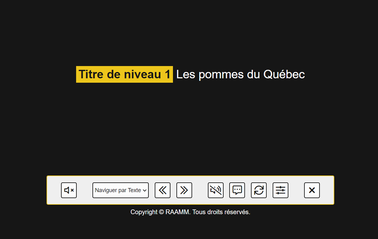 Fond noir avec texte Titre de niveau 1, Les pommes du Québec. Barre grise au bas de l'image comprenant des pictogrammes pour activer les différentes fonctions du simulateur.