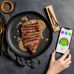 Photo d'une bavette de boeuf, du thermomètre et d'un téléphone avec l'application Meater Plus ouverte.