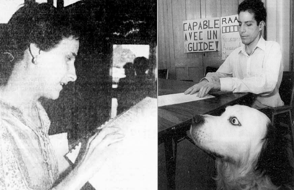 À gauche, une photo de 1987 de La Presse montrant Michelle Brulé, membre du RAAQ, et à droite, une photo de 1996 du Devoir montrant Yvon Provencher, membre du RAAMM, et son chien-guide.
