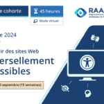Montage promotionnel de la formation Concevoir des sites Web universellement accessibles. Prochaine cohorte à l'automne 2024, en ligne. Durée de 45 heures. Débutant le 10 septembre 2024 (15 semaines).