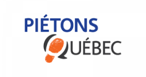 Logo de Piétons Québec. La lettre Q est formée par un dessin d'une trace de pas de couleur orange.