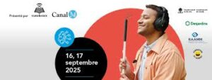 Image de promotion de la conférence montrant la photographie d'un jeune homme tenant une canne blanche et portant un casque d'écoute diffusant un contenu audio. Logos des partenaires et dates 16 et 17 septembre 2025.