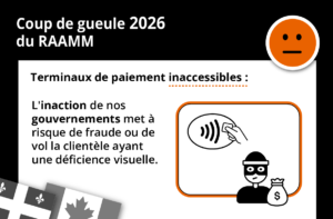 Le titre « Coup de cœur 2026 du RAAMM » apparaît en haut, sur fond bleu-vert avec un pictogramme de cœur bleu. Le texte principal indique « Terminaux de paiement accessibles: L'Europe montre la voie par son cadre législatif. » En visuel d'accompagnement, on retrouve le drapeau de l'Union européenne, l'icône du paiement sans contact et un bâtiment gouvernemental.